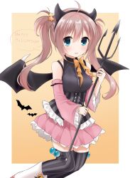Rule 34 | 1girl, ahoge, aqua eyes, bare shoulders, bat (animal), black corset, black shirt, black thighhighs, blush, boots, border, bow, breasts, commentary, corset, demon horns, demon wings, detached sleeves, english commentary, eyelashes, fake horns, fake wings, feet out of frame, frilled corset, frilled skirt, frilled sleeves, frills, hair between eyes, hair ornament, halloween, halloween costume, happy halloween, highres, holding trident, horns, large breasts, light brown hair, long hair, looking at viewer, miniskirt, official alternate costume, official alternate hairstyle, open mouth, orange bow, orange ribbon, pink sleeves, pleated skirt, ribbon, sanoba witch, shiiba tsumugi, shirt, simple background, skirt, smile, solo, speech bubble, standing, star (symbol), star hair ornament, striped clothes, striped thighhighs, takepoison, thighhighs, twintails, vertical-striped clothes, vertical-striped thighhighs, white border, white footwear, wide sleeves, wings, yellow background, zettai ryouiki