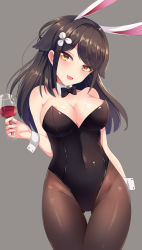 Rule 34 | 1girl, animal ears, azur lane, black bow, black bowtie, black hair, black leotard, black pantyhose, bow, bowtie, breasts, chinese commentary, choukai (azur lane), commentary request, cowboy shot, cup, detached collar, dog ears, drinking glass, fake animal ears, flower, gluteal fold, grey background, hair between eyes, hair flower, hair ornament, highres, large breasts, leotard, long hair, looking at viewer, looking to the side, pantyhose, playboy bunny, qi ye shao yan, rabbit ears, rabbit girl, simple background, solo, thigh gap, wine glass, wrist cuffs, yellow eyes