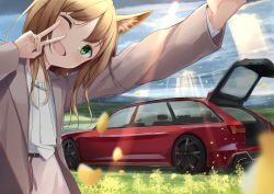 Rule 34 | 1girl, ;d, absurdres, akinakesu-chan, animal ear fluff, animal ears, arm up, blush, brown hair, car, cloud, cloudy sky, commentary request, day, field, green eyes, grey jacket, grey skirt, hair between eyes, head tilt, highres, jacket, long hair, long sleeves, looking at viewer, motor vehicle, one eye closed, open clothes, open jacket, open mouth, original, outdoors, petals, shirt, skirt, sky, smile, solo, sunlight, v, vehicle focus, vehicle request, white shirt
