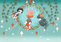 Rule 34 | 3girls, air bubble, arm at side, arm up, barefoot, black hair, bob cut, brown hair, bubble, caustics, diving, facing away, fins, fish, fish mask, goldfish, hair bun, hand fan, holding, holding fan, hoop, japanese clothes, kimono, long sleeves, looking at another, looking to the side, mask, mask on head, multiple girls, original, paper fan, plantar flexion, profile, reaching, red kimono, seaweed, shide, shikigami, shinto, short hair, silhouette, single hair bun, soles, tokyo mononoke, uchiwa, underwater, updo, water, wide sleeves