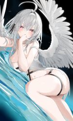 Rule 34 | 1girl, ahoge, ass, bare arms, bare shoulders, black ribbon, breasts, commentary request, copyright request, dutch angle, feathered wings, feet out of frame, grey hair, grey wings, hair between eyes, hair intakes, hair ribbon, hand to own mouth, hand up, kamioka shun&#039;ya, large breasts, long hair, looking at viewer, lying, navel, on side, parted lips, purple eyes, ribbon, shallow water, solo, water, wings