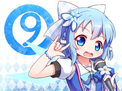 Rule 34 | circled 9, 1girl, 2016, \m/, adapted costume, blue dress, blue eyes, blue hair, bow, bracelet, cirno, dated, dress, hair bow, ice, ice wings, jewelry, langbazi, matching hair/eyes, microphone, sailor collar, seikan hikou, short hair, signature, solo, touhou, wings