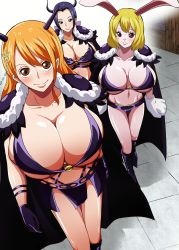 Rule 34 | 3girls, absurdres, alternate costume, beast pirates, beast pirates uniform, black dress, black hair, blonde hair, breasts, carrot (one piece), cleavage, dress, fake horns, highres, horns, huge breasts, large breasts, long dress, multiple girls, nami (one piece), nico robin, one piece, orange hair, qdoujin (pixiv44648813), rabbit girl, revealing clothes, shiny skin, smile, wide hips