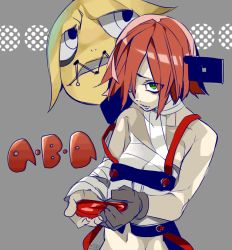Rule 34 | 1girl, a.b.a, bad id, bad pixiv id, bandages, blood, gloves, green eyes, guilty gear, hair over one eye, homunculus, hyakuhachi (over3), key, key in head, object through head, paracelsus (guilty gear), red hair, short hair, single glove, solo, suspenders