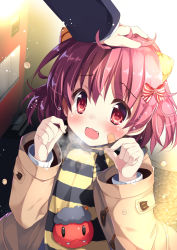 Rule 34 | 1girl, bandage on face, bandages, black scarf, blush, bow, fangs, hair bow, headpat, looking at another, open mouth, original, red bow, red eyes, red hair, scarf, shimesaba kohada, short hair, smile, solo, solo focus, striped clothes, striped scarf, tearing up, yellow scarf