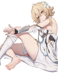 Rule 34 | 1girl, absurdres, ahoge, armpits, bare shoulders, barefoot, blonde hair, breasts, closed mouth, commentary request, detached sleeves, dress, elbow gauntlets, elbow sleeve, expressionless, feet, flower, foot out of frame, genshin impact, hair flower, hair ornament, hands up, highres, knee up, legs, looking down, lumine (genshin impact), medium breasts, natsugou shinogi, no shoes, on floor, short hair with long locks, sideboob, sidelocks, simple background, single sock, sitting, sleeveless, sleeveless dress, socks, soles, solo, thighs, toes, white background, white dress, white flower, white socks, yellow eyes