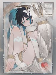 Rule 34 | 1boy, androgynous, apple, arms behind back, barefoot, black hair, blue hair, bound, bound legs, bound wings, bound wrists, box, braid, bridal gauntlets, capelet, chinese text, commentary request, crop top, elbow gloves, feathered wings, fetal position, flower, food, fruit, genshin impact, gloves, gradient hair, green eyes, hair flower, hair ornament, highres, holding, holding food, holding fruit, hood, hood down, hooded capelet, in box, in container, leg tattoo, looking at viewer, lying, male focus, midriff, multicolored hair, on side, parted lips, restrained, short hair with long locks, shorts, side braids, sidelocks, single thighhigh, solo, tape, tattoo, thighhighs, translated, twin braids, venti (archon) (genshin impact), venti (genshin impact), weibo watermark, white flower, white shorts, white wings, windporo, wings