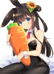 Rule 34 | 1girl, animal ears, bad id, bad twitter id, black hair, black pantyhose, blue eyes, blurry, blush, breasts, carrot-shaped pillow, cleavage, closed mouth, depth of field, detached collar, fake animal ears, fake tail, flower, hair between eyes, hair flower, hair ornament, hair rings, highres, holding, holding pillow, leotard, long hair, looking at viewer, medium breasts, navy (navy.blue), necktie, original, pantyhose, pillow, playboy bunny, rabbit ears, rabbit tail, red necktie, simple background, sitting, smile, solo, sunflower, sunflower hair ornament, tail, twitter username, white background, wrist cuffs