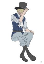 Rule 34 | 1boy, arm up, ascot, blonde hair, crossed ankles, eyewear on headwear, hand on headwear, hat, highres, male focus, one piece, sabo (one piece), sitting, sleeves rolled up, solo, ufkqz, white background