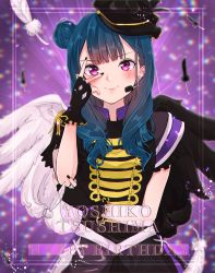 Rule 34 | 1girl, artist name, artist request, asymmetrical wings, band uniform, belt, black feathers, black gloves, black hat, black nail polish, black nails, black shirt, black skirt, black wings, blue hair, blush, breasts, collared shirt, epaulettes, feathers, female focus, fingerless gloves, frilled sleeves, frills, gloves, hair bun, hand on elbow, hand on own elbow, hat, headphones, highres, in the unstabe world, in the unstabe world (love live!), long hair, looking at viewer, love live!, love live! school idol festival, love live! sunshine!!, microphone, mini hat, miniskirt, mismatched wings, nail, nail polish, parted lips, pink eyes, plaid, plaid skirt, pleated, pleated skirt, purple background, purple eyes, purple skirt, shirt, short sleeves, shoulder pads, side bun, single hair bun, skirt, smile, solo, tsushima yoshiko, v, v over eye, white belt, white feathers, white wings, wings