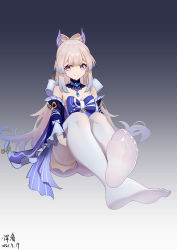 Rule 34 | 1girl, absurdres, bare shoulders, blue bow, blue eyes, blue hair, bow, bowtie, breasts, cleavage, commentary request, detached collar, detached sleeves, feet, foot focus, frilled sleeves, frills, full body, genshin impact, gradient background, highres, hundun no bifang, long hair, looking at viewer, multicolored hair, no shoes, pink hair, revision, sangonomiya kokomi, short sleeves, shorts, sitting, smile, soles, solo, thighhighs, toes, two-tone hair, very long hair, vision (genshin impact), white thighhighs