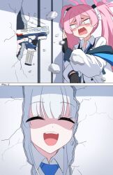 Rule 34 | 2koma, black gloves, blue archive, blush stickers, closed eyes, comic, fang, gloves, gun, hair between eyes, halo, here&#039;s johnny! (meme), highres, holding, holding gun, holding weapon, hole in wall, koyuki (blue archive), long hair, meme, noa (blue archive), open mouth, parody, pink hair, reia 76, scared, shaded face, shirt, skin fang, teeth, the shining, twintails, twitter username, upper teeth only, weapon, white shirt