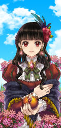 Rule 34 | 1girl, black hair, blunt bangs, bowtie, braid, briska, dress, earrings, female focus, flower, food, fruit, hair flower, hair ornament, highres, jewelry, nature, outdoors, pomegranate, red eyes, shawl, sky, solo, striped bow, striped bowtie, striped clothes, wavy hair