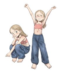 Rule 34 | &gt; &lt;, 1girl, absurdres, ann (pokoro), armpits, arms up, bare arms, bare shoulders, barefoot, blonde hair, blue pants, blush, camisole, child, commentary, crop top, denim, english commentary, forehead, full body, grey eyes, hand on own chin, head rest, highres, jeans, looking at viewer, medium hair, midriff, multiple views, navel, original, outstretched arms, paid reward available, pants, pokoro, red camisole, simple background, sitting, standing, v-shaped eyebrows, white background