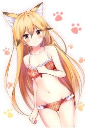 Rule 34 | 10s, 1girl, 3:, animal ears, arm at side, bare shoulders, bikini, blonde hair, blush, bow, bra, breasts, brown hair, cleavage, closed mouth, collarbone, embarrassed, ezo red fox (kemono friends), fox ears, frilled bikini, frilled bra, frilled panties, frills, hair between eyes, halftone, halftone background, hand on own chest, highres, hyurasan, kemono friends, light frown, long hair, looking at viewer, multicolored hair, navel, orange bikini, orange bra, orange panties, panties, plaid, plaid bikini, plaid bra, plaid panties, plaid skirt, raised eyebrows, red bow, skirt, small breasts, solo, stomach, streaked hair, swimsuit, tareme, thigh gap, underwear, underwear only, very long hair