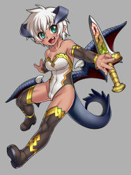 Rule 34 | 1girl, :d, bare shoulders, black thighhighs, boots, breasts, cleavage, collarbone, detached sleeves, dragon girl, dragon horns, dragon tail, dragon wings, eyebrows, gochou (kedama), green eyes, horns, looking at viewer, md5 mismatch, monster girl, open mouth, original, pointy ears, short hair, slit pupils, smile, solo, sword, tail, thick eyebrows, thigh boots, thighhighs, weapon, wings
