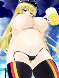 Rule 34 | 10s, 1girl, aircraft, airplane, alcohol, areola slip, beer, beer mug, bikini, bismarck (kancolle), black bikini, black hair, black thighhighs, blonde hair, blue sky, blush, breasts, cloud, cowboy shot, cup, day, flag print, from below, front-tie bikini top, front-tie top, german flag, germany, groin, hat, highres, holding, kantai collection, large breasts, long hair, looking down, marl35, micro bikini, military, military uniform, mug, navel, outdoors, peaked cap, power lines, print thighhighs, pussy, pussy peek, side-tie bikini bottom, sky, solo, striped clothes, striped thighhighs, swimsuit, thighhighs, underboob, uniform, untied bikini, vertical-striped clothes, vertical-striped thighhighs, very long hair, wardrobe malfunction, water, wet, wrist cuffs