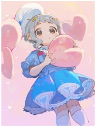 Rule 34 | 1girl, blue shirt, blue skirt, blush stickers, commentary request, frilled skirt, frills, grey hair, hair ornament, hairclip, hands up, hat, heart, highres, holding, holding heart, idolmaster, idolmaster million live!, legs, looking at viewer, makabe mizuki, parted lips, pink background, puffy short sleeves, puffy sleeves, sailor collar, shirt, short hair, short sleeves, sidelocks, skirt, socks, solo, spawnfoxy, white hat, white sailor collar, white socks, yellow eyes
