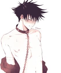 Rule 34 | 1boy, absurdres, black hair, blush, chain, chain leash, clenched teeth, collar, collarbone, commentary, english commentary, eyelashes, closed eyes, full-face blush, fushiguro megumi, highres, jujutsu kaisen, leash, male focus, navel, nipples, ribs, saucybrtt, short hair, skinny, solo, spiked hair, stomach, sweat, teeth, undressing, upper body, white background