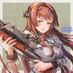 Rule 34 | 1girl, absurdres, american flag, armor, blunt bangs, breastplate, brown hair, browning auto 5, dated, green eyes, gun, headgear, helena (kancolle), highres, holding, holding gun, holding weapon, kantai collection, long hair, looking at viewer, military, military uniform, mitsu plus, neck ribbon, ribbon, rifle, solo, twitter username, uniform, upper body, weapon