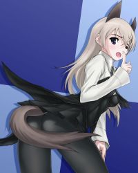 Rule 34 | 1girl, animal ears, ass, black pantyhose, cosplay, eila ilmatar juutilainen, long hair, pantyhose, sanya v. litvyak, sanya v litvyak (cosplay), shikkaku, silver hair, solo, strike witches, tail, world witches series