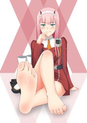 Rule 34 | 10s, 1girl, barefoot, blush, darling in the franxx, feet, green eyes, hair ornament, highres, horns, looking at viewer, lululewd, military, military uniform, pink hair, red horns, shoes, unworn shoes, sitting, smile, soles, solo, toes, uniform, zero two (darling in the franxx)