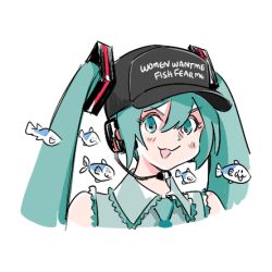 Rule 34 | blue hair, blue hair, english text, fish, hat, hatsune miku, lowres, tribute (tributism), vocaloid, white background