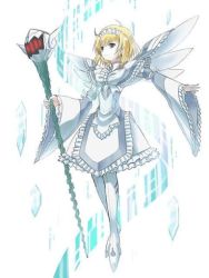 Rule 34 | 1girl, digimon, dress, mikihara norn, official art, solo, staff, wings, yggdrasill (digimon), yggdrasill 7d6