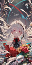 Rule 34 | 1girl, absurdres, arknights, bare shoulders, blue butterfly, bouquet, breasts, bug, butterfly, character name, closed mouth, commentary, dated, dress, floating hair, flower, gloves, green gloves, hair between eyes, highres, holding, holding bouquet, incredibly absurdres, insect, long hair, looking at viewer, official alternate costume, photoshop (medium), red dress, red eyes, red flower, skadi (arknights), skadi the corrupting heart (arknights), small breasts, solo, sunflower, szh---, upper body, very long hair, water, white hair