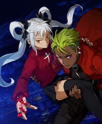 Rule 34 | 2boys, archer (fate), archer (fate) (cosplay), artist name, black skirt, carrying, closed mouth, cosplay, crossdressing, crystal, dark-skinned male, dark skin, ear piercing, earrings, fate/stay night, fate (series), green hair, hair ribbon, highres, jewelry, king of prism, king of prism by prettyrhythm, leeis cool, long hair, looking at viewer, male focus, multiple boys, nishina kazuki, piercing, pleated skirt, pretty rhythm, pretty series, princess carry, purple eyes, ribbon, silver hair, skirt, stud earrings, tohsaka rin, tohsaka rin (cosplay), turtleneck, twintails, undercut, wig, yamato alexander, yellow eyes