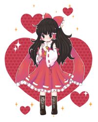 Rule 34 | 1girl, boots, bow, brown eyes, brown hair, detached sleeves, female focus, full body, hair bow, hair ribbon, hakurei reimu, heart, japanese clothes, knee boots, long hair, miko, ribbon, simple background, solo, standing, touhou, yukiu con