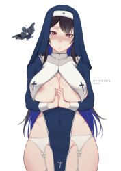 Rule 34 | 1girl, areola slip, black hair, blue hair, blush, breasts, colored inner hair, covered navel, garter straps, habit, hair ornament, highres, hololive, hololive english, horns, houshou marine, houshou marine (nun), interlocked fingers, large breasts, long hair, looking at viewer, mole, mole under eye, multicolored hair, myth1carts, nerissa ravencroft, nun, own hands together, pelvic curtain, red eyes, shadow (nerissa ravencroft), solo, thighs, two-tone hair, virtual youtuber, white background