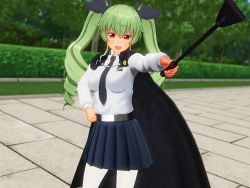 Rule 34 | 1girl, 3d, anchovy (girls und panzer), anzio school uniform, blush, breasts, cape, drill hair, girls und panzer, green hair, large breasts, open mouth, pantyhose, red eyes, riding crop, school uniform, shiny skin, smile, solo, standing, twin drills, twintails, white pantyhose