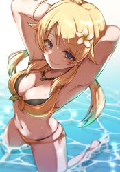 Rule 34 | 1girl, ahoge, armpits, arms behind head, bikini, blonde hair, blue eyes, blurry, breasts, closed mouth, commentary request, flower, hachimiya meguru, hair flower, hair ornament, highres, idolmaster, idolmaster shiny colors, jewelry, kneeling, long hair, looking at viewer, low twintails, medium breasts, navel, necklace, orange bikini, partially submerged, satomura kyou, smile, solo, swimsuit, twintails, water, wet