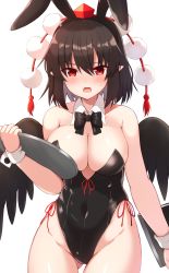 Rule 34 | 1girl, absurdres, alternate costume, animal ears, bare arms, bare shoulders, black bow, black bowtie, black hair, black leotard, black wings, blush, book, bow, bowtie, breasts, cleavage, commentary request, covered navel, cowboy shot, detached collar, fake animal ears, feathered wings, gluteal fold, groin, hair between eyes, hand up, hat, highres, holding, holding book, holding tray, large breasts, leotard, looking at viewer, open mouth, playboy bunny, pointy ears, pom pom (clothes), rabbit ears, red eyes, shameimaru aya, short hair, simple background, solo, standing, strapless, strapless leotard, tassel, tksand, tokin hat, touhou, tray, white background, wings