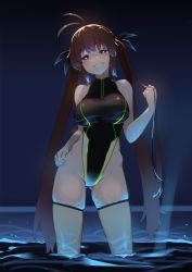 Rule 34 | 1girl, antenna hair, ass, bad id, bad twitter id, bare shoulders, blue pupils, blush, breasts, brown eyes, brown hair, eyebrows, girls&#039; frontline, gluteal fold, grin, hand on own hip, highleg, highleg leotard, highres, hip bones, holding, holding hair, knee up, large breasts, leotard, long hair, looking at viewer, m14 (girls&#039; frontline), murasame antisk, naughty face, one-piece swimsuit, reflection, shiny clothes, sidelocks, skindentation, smile, solo, standing, standing on liquid, swimsuit, thick thighs, thighhighs, thighs, translation request, twintails, very long hair, water, white thighhighs