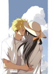 1boy 1girl ayoung black_hair blonde_hair blue_sky closed_eyes cloud collared_shirt couple earrings floating_earring floating_hair hand_on_another&#039;s_waist hat hat_ribbon highres jewelry kiss long_hair long_sleeves looking_at_another mature_female mature_male orange_ribbon ribbon shirt short_hair short_sleeves signature sky spy_x_family sun_hat t-shirt twilight_(spy_x_family) white_hat white_shirt yor_briar