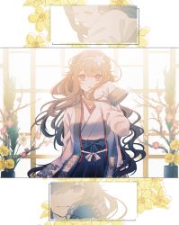 Rule 34 | 1girl, blue skirt, breasts, brown hair, closed mouth, commentary, commission, flower, girls&#039; frontline, hair flower, hair ornament, highres, japanese clothes, js 9 (girls&#039; frontline), js 9 (tender marigold) (girls&#039; frontline), kimono, long hair, long sleeves, looking at viewer, official alternate costume, open mouth, rabb horn, red eyes, skeb commission, skirt, solo, standing, vase, white kimono, window