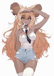 Rule 34 | 1girl, absurdres, animal ear fluff, animal ears, arm up, armpits, bare shoulders, black nails, black necktie, blonde hair, breasts, dark-skinned female, dark skin, denim, denim shorts, detached collar, earrings, food, food on face, hair between eyes, highres, holding, holding food, ili, jewelry, large ears, long hair, looking at viewer, medium breasts, messy hair, mouse ears, mouse girl, nail polish, necktie, original, popsicle, shirt, short shorts, shorts, simple background, skindentation, solo, strapless, strapless shirt, thighhighs, tongue, tongue out, white background, white shirt, white thighhighs, yellow eyes