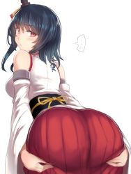 Rule 34 | ..., 2girls, ass, bare shoulders, black hair, black sash, blue skirt, blush, closed mouth, commentary, detached sleeves, fairy, fairy (kancolle), from behind, giant, giantess, hair ornament, hakama, hakama skirt, hands on own ass, hat, japanese clothes, kantai collection, looking back, medium hair, miko, multiple girls, red eyes, red hakama, sash, simple background, size difference, skirt, solo focus, spoken ellipsis, utopia, white background, white hat, wide sleeves, yamashiro (kancolle)