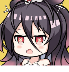 Rule 34 | + +, 1girl, :o, azur lane, bare shoulders, black hair, blush stickers, brown hair, collarbone, commentary request, cross hair ornament, fang, gradient hair, hair between eyes, hair ornament, i-168 (azur lane), looking away, multicolored hair, nagato-chan, open mouth, red eyes, simple background, sleeveless, solo, yellow background