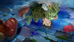 Rule 34 | 1boy, 1girl, black hair, braid, character request, cheese kang, closed mouth, crying, closed eyes, flower, green hair, green shirt, hand on another&#039;s head, highres, house, hug, pavement, pocket, puddle, reflection, reflective water, shirt, shoes, sky, standing, star (sky), starry sky, tears, tree, upside-down, violet evergarden, violet evergarden (series), water, white shirt