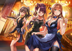Rule 34 | 3girls, alcohol, alternate costume, alternate hairstyle, bare shoulders, black dress, black legwear, blue dress, blush, breasts, brown hair, champagne flute, chandelier, choker, cleavage, clothes lift, cup, dress, dress lift, drinking glass, girls&#039; frontline, green eyes, groin, hair between eyes, hair ornament, hair ribbon, himuro shunsuke, holding, holding tray, indoors, large breasts, lifting own clothes, long hair, looking at viewer, medium breasts, multiple girls, one side up, open mouth, ponytail, purple hair, red eyes, ribbon, scar, scar across eye, scar on face, sidelocks, sleeveless, sleeveless dress, smile, springfield (girls&#039; frontline), springfield (queen in radiance) (girls&#039; frontline), thighhighs, tray, ump45 (girls&#039; frontline), very long hair, wa2000 (girls&#039; frontline), yellow eyes