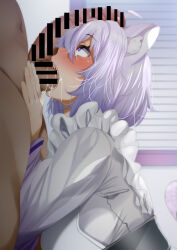 Rule 34 | 1boy, 1girl, animal ears, blush, breasts, cat ears, cat girl, cat tail, clothed female nude male, dark-skinned male, dark skin, from side, full-face blush, fumihiko (fu mihi ko), hetero, highres, hololive, large breasts, large penis, nekomata okayu, nekomata okayu (new year), nose blush, nude, official alternate costume, oral, out of frame, penis, penis on face, purple eyes, purple hair, saliva, tail, testicle sucking, virtual youtuber