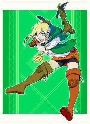 Rule 34 | 1girl, aurahack, blonde hair, blue eyes, boots, bow (weapon), braid, brown footwear, brown gloves, crossbow, dual wielding, full body, gloves, hair tie, highres, holding, hood, hood down, hyrule warriors, knee boots, linkle, miniskirt, nintendo, nose, outline, pointy ears, short shorts, shorts, shorts under skirt, skirt, solo, the legend of zelda, twin braids, weapon