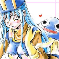 Rule 34 | 1girl, :d, bent over, bestiality, black eyes, blue hair, blush, bodysuit, breasts, chunsoft, closed eyes, consensual tentacles, dragon quest, dragon quest iii, elbow gloves, enix, gloves, grabbing, grabbing another&#039;s breast, grabbing from behind, groping, hat, healslime, heart, interspecies, large breasts, long hair, lowres, mitre, monster, oekaki, open mouth, priest (dq3), slime (creature), smile, solo, solo focus, square enix, tentacles, turtleneck, what, wince
