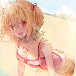 Rule 34 | +1 (yakusoku0722), 1girl, artist name, beach, blonde hair, blue sky, breasts, butt crack, camisole, cleavage, commentary, dated, denim, denim shorts, downpants, hair ribbon, highres, jewelry, leaning forward, lens flare, light blush, looking at viewer, medium hair, mermaid melody pichi pichi pitch, nanami lucia, necklace, open mouth, orange eyes, orange shorts, pink shirt, red ribbon, ribbon, shell, shell necklace, shirt, short shorts, shorts, sky, smile, solo, standing, two side up