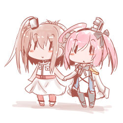 Rule 34 | 2girls, :&lt;, azur lane, bare arms, bare shoulders, black bow, black hairband, blue dress, blush, bow, brown hair, chibi, closed mouth, commentary request, crossover, dress, elbow gloves, gloves, hair between eyes, hair bow, hair ornament, hairband, historical name connection, holding hands, jacket, jacket on shoulders, kantai collection, long hair, lowres, multiple girls, name connection, one side up, parted lips, pink hair, red legwear, saratoga (azur lane), saratoga (kancolle), shadow, simple background, sleeveless, sleeveless dress, smile, standing, thighhighs, triangle mouth, twintails, white background, white dress, white gloves, white jacket, yagami kamiya, | |
