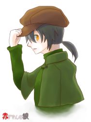 Rule 34 | 1boy, adjusting clothes, adjusting headwear, akazukin no ookami, brown hair, cabbie hat, camille (akazukin no ookami), capelet, haneda (kazemati29), hat, male focus, official art, open mouth, ponytail, short hair, solo, yellow eyes