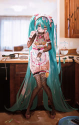 Rule 34 | 1girl, absurdly long hair, absurdres, apron, aqua eyes, aqua hair, ball gag, bandaid, bandaid on face, bandaid on nose, barcode, barcode tattoo, bare shoulders, black thighhighs, blurry, body writing, breasts, catheter, chinese text, condom, condom hair ornament, condom on head, crotchless, crotchless panties, cum, cum on food, cum on hair, curtains, depth of field, elbow gloves, facial, female focus, fingerless gloves, fishnet thighhighs, fishnets, full body, gag, gag around neck, unworn gag, gloves, hair between eyes, hatsune miku, highres, human toilet, indoors, kitchen, knees together feet apart, long hair, looking at viewer, maid, maid headdress, medium breasts, nipple piercing, nipple rings, panties, pee, piercing, revealing clothes, rope, sex toy, shoulder tattoo, simplified chinese text, slave, solo, tally, tattoo, thigh gap, thighhighs, twintails, underwear, urine bag, used condom, very long hair, vibrator, vibrator in thighhighs, vocaloid, wiffle gag, window, wooden floor, ying yi